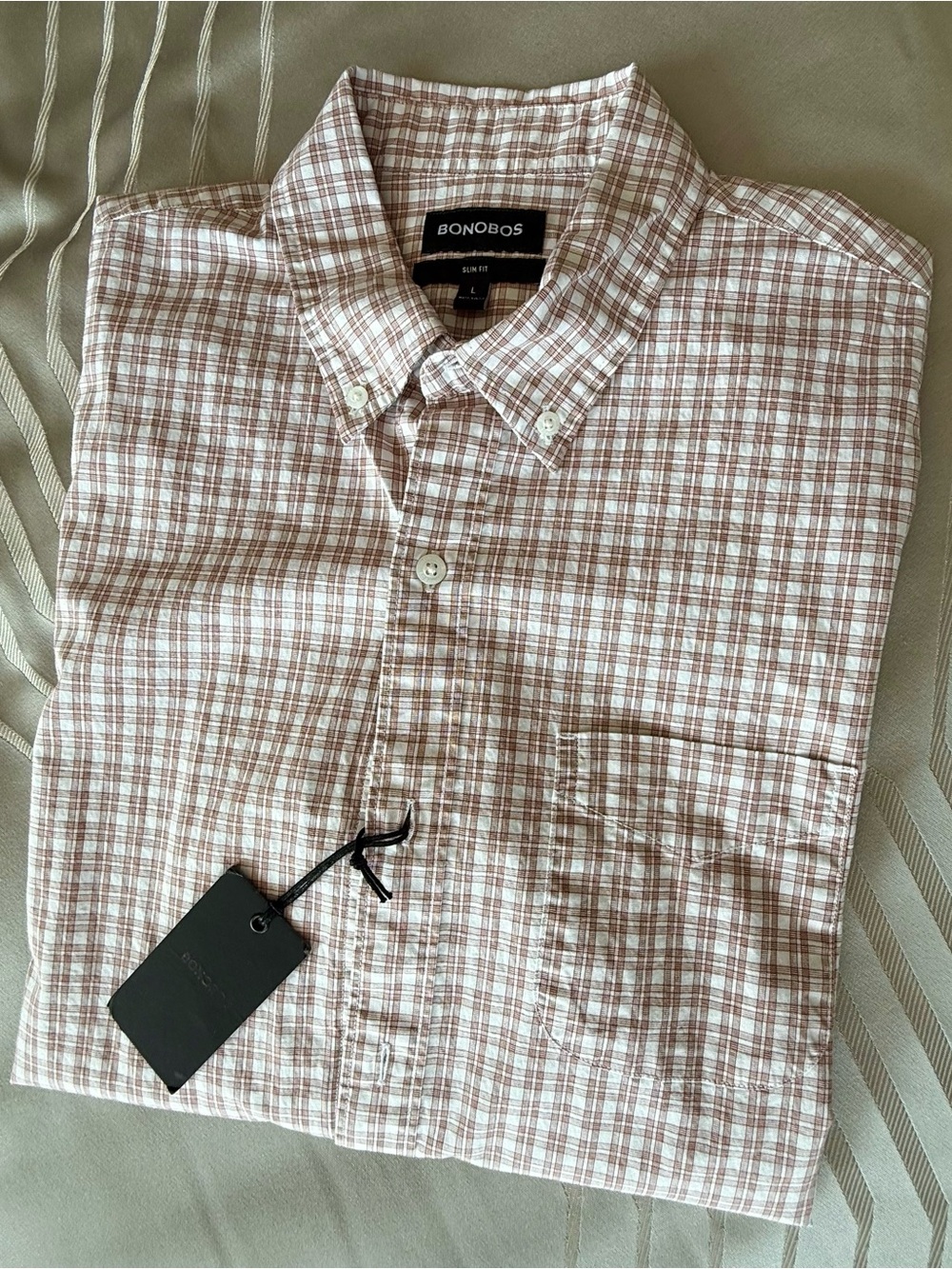 NWT Bonobos Button-Down Plaid Cotton Shirt in Rust Brown & White - L (Slim Fit)